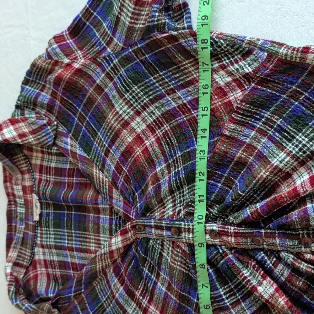 Pilcro Cinched Deep V Plaid Button Down Longsleeve Multicolor Boho Top Size L - Picture 5 of 11